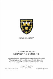 Lettres patentes concédant des emblèmes héraldiques à Gérardine Boulette