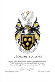 Lettres patentes concédant des emblèmes héraldiques à Gérardine Boulette