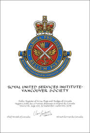 Lettres patentes concédant des emblèmes héraldiques au Royal United Services Institute – Vancouver Society