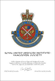 Letters patent granting heraldic emblems to the Royal United Services Institute – Vancouver Society