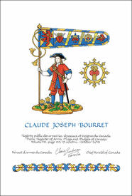 Letters patent granting heraldic emblems to Claude Joseph Bourret