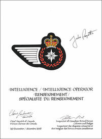 Letters patent approving the heraldic emblems of Intelligence / Intelligence Operator of the Canadian Armed Forces