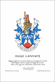 Letters patent granting heraldic emblems to Hugo Lapointe