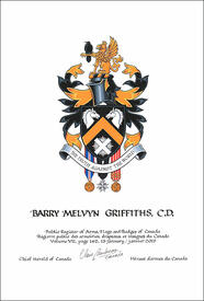 Letters patent granting heraldic emblems to Barry Melvyn Griffiths