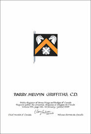 Letters patent granting heraldic emblems to Barry Melvyn Griffiths