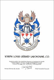 Letters patent granting heraldic emblems to Joseph Louis Gérard Lafontaine