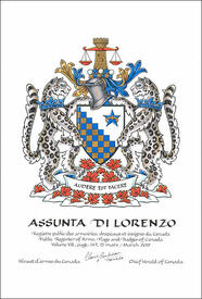 Letters patent granting heraldic emblems to Assunta Di Lorenzo