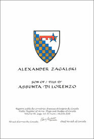 Letters patent granting heraldic emblems to Assunta Di Lorenzo