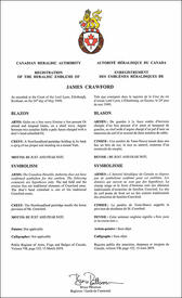 Lettres patentes enregistrant les emblèmes héraldiques de James Crawford