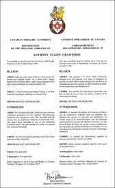 Letters patent registering the heraldic emblems of Anthony Clunn Crawford