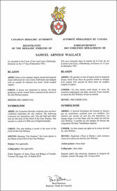 Lettres patentes enregistrant les emblèmes héraldiques de Samuel Arnold Wallace