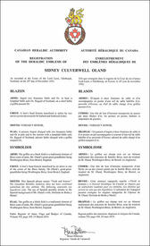 Lettres patentes enregistrant les emblèmes héraldiques de Sidney Culverwell Oland