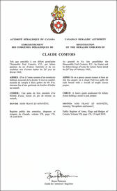 Lettres patentes enregistrant les emblèmes héraldiques de Claude Comtois