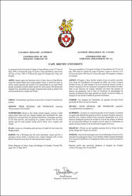 Lettres patentes confirmant les emblèmes héraldiques de la Cape Breton University