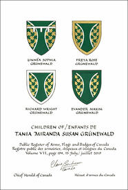 Letters patent granting heraldic emblems to Tania Miranda Susan Grünewald