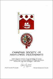 Letters patent granting heraldic emblems to the Canadian Society of Mayflower Descendants
