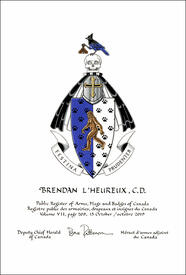 Letters patent granting heraldic emblems to Brendan L'Heureux