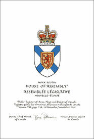 Letters patent confirming the heraldic emblems of the House of Assembly of Nova Scotia