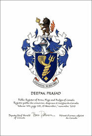 Letters patent granting heraldic emblems to Deepak Prasad