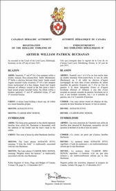 Letters patent registering the heraldic emblems of Arthur William Patrick Buchanan