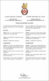 Letters patent registering the heraldic emblems of William Rupert Davies