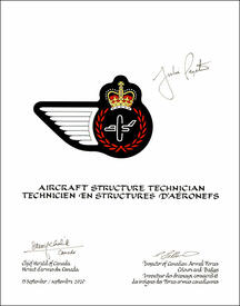 Lettres patentes approuvant les emblèmes héraldiques d'un Technicien en structures d’aéronefs de l’Aviation royale canadienne