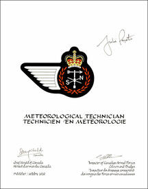 Lettres patentes approuvant les emblèmes héraldiques du Technicien en météorologie de l’Aviation royale canadienne