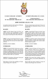 Letters patent registering the heraldic emblems of John Baxter Allan