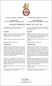 Letters patent registering the heraldic emblems of Charles Frederick Carson