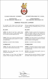 Lettres patentes enregistrant les emblèmes héraldiques de Thomas Wallace Lawson