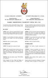 Lettres patentes enregistrant les emblèmes héraldiques de Harry Tredennick Caldicott Cock