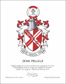 Lettres patentes concédant des emblèmes héraldiques à Jean Delisle
