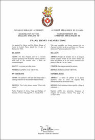 Letters patent registering the heraldic emblems of Frank Henry Palmer-Stone