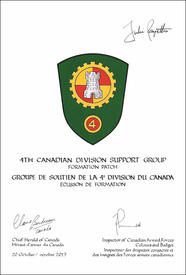 Letters patent approving the heraldic emblems of the 4th Canadian Division Support Group