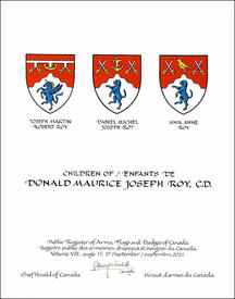 Letters patent granting heraldic emblems to Donald Maurice Joseph Roy