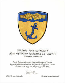 Lettres patentes concédant des emblèmes héraldiques à l'Administration portuaire de Toronto