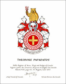 Lettres patentes concédant des emblèmes héraldiques à Theodore Papadatos