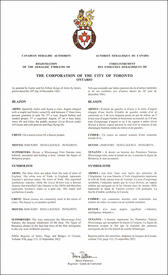 Lettres patentes approuvant les emblèmes héraldiques de The Corporation of the City of Toronto