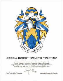 Letters patent granting heraldic emblems to Joshua Robert Spencer Traptow