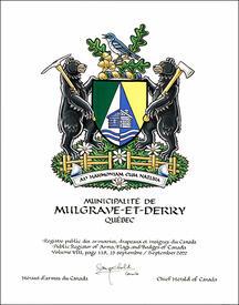 Letters patent granting heraldic emblems to the Municipalité de Mulgrave-et-Derry