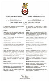 Lettres patentes enregistrant les emblèmes héraldiques de The Corporation of the City of Hamilton