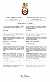 Letters patent registering the heraldic emblems of Errol David Feldman