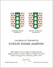 Lettres patentes concédant des emblèmes héraldiques à Suresh Kumar Agarwal