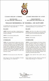 Lettres patentes enregistrant les emblèmes héraldiques de William Motherwell of Muirmill and Rawyards