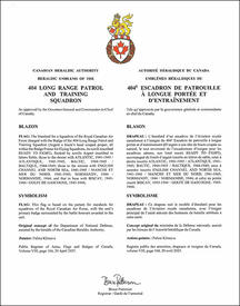 Lettres patentes confirmant les emblèmes héraldiques du 404e Escadron de patrouille à longue portée et d'entraînement
