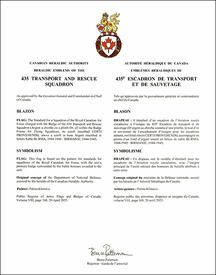 Lettres patentes approuvant les emblèmes héraldiques du 435e Escadron de transport et sauvetage