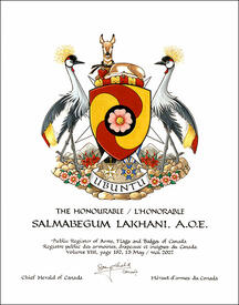 Letters patent granting heraldic emblems to Salmabegum Lakhani