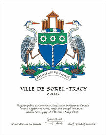 Lettres patentes concédant des emblèmes héraldiques à la Ville de Sorel-Tracy