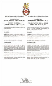 Lettres patentes confirmant les emblèmes héraldiques de la Cour d'appel de la cour martiale du Canada