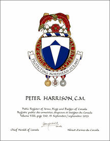 Lettres patentes concédant des emblèmes héraldiques à Peter Harrison